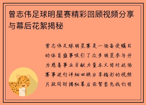 曾志伟足球明星赛精彩回顾视频分享与幕后花絮揭秘